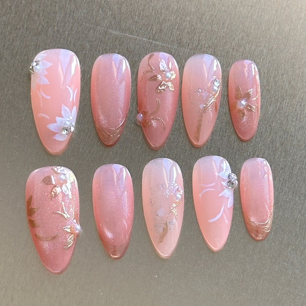 Blush Gold Floral Medium Almond Press-On Nails