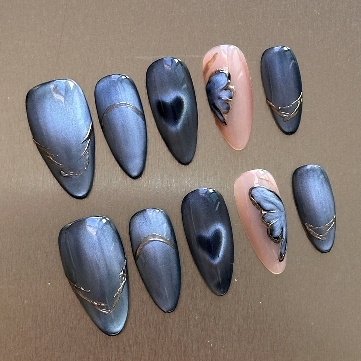 Smoky Gray Cat Eye Medium Almond Press-On Nails