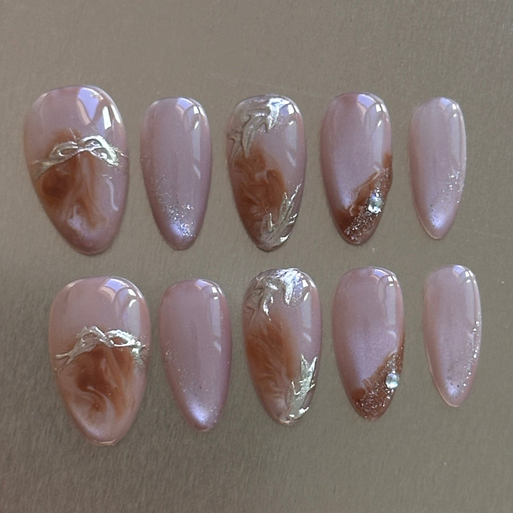 Latte Marble Short Almond Press-On Nails
