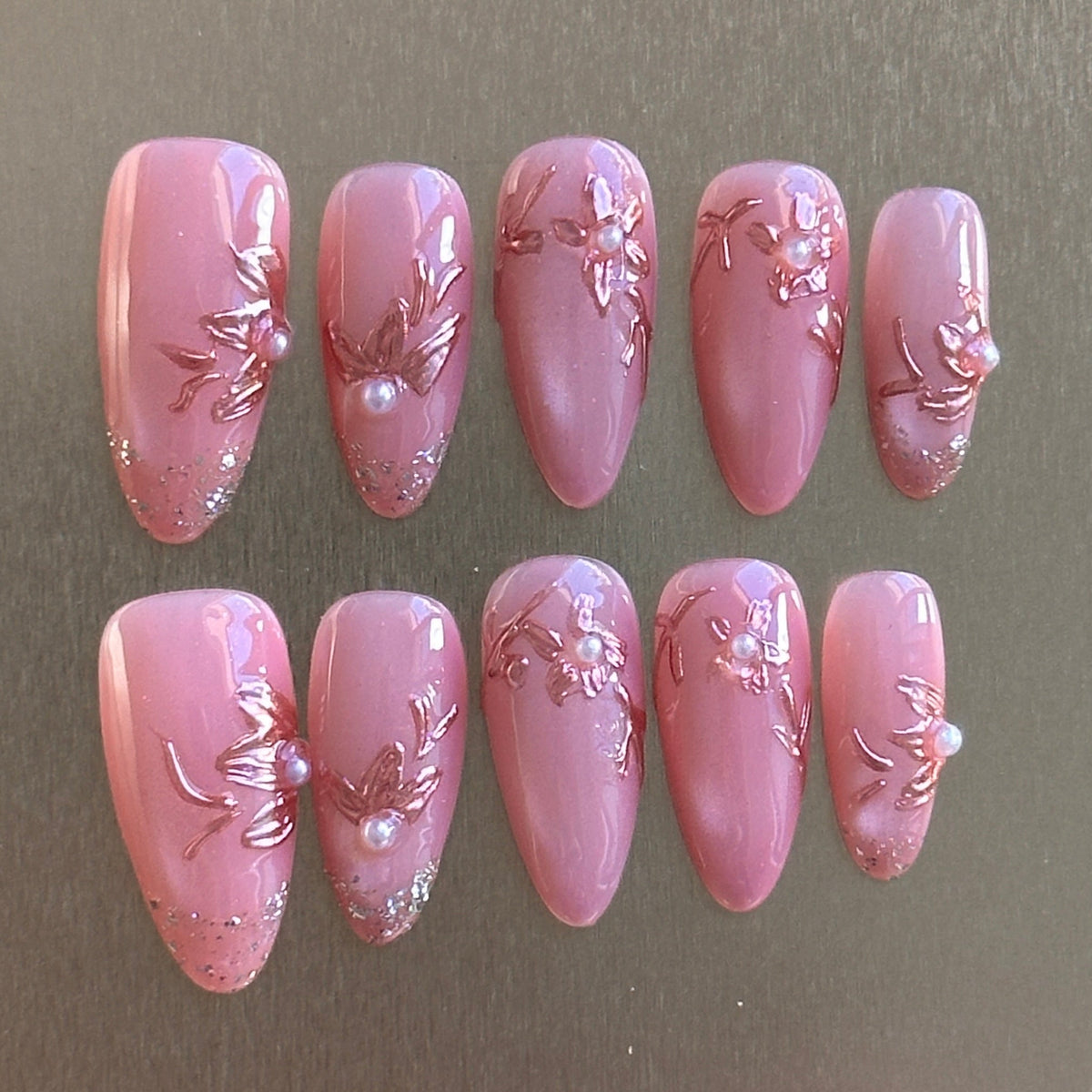 Rose Pearl Floral Medium Almond Press-On Nails