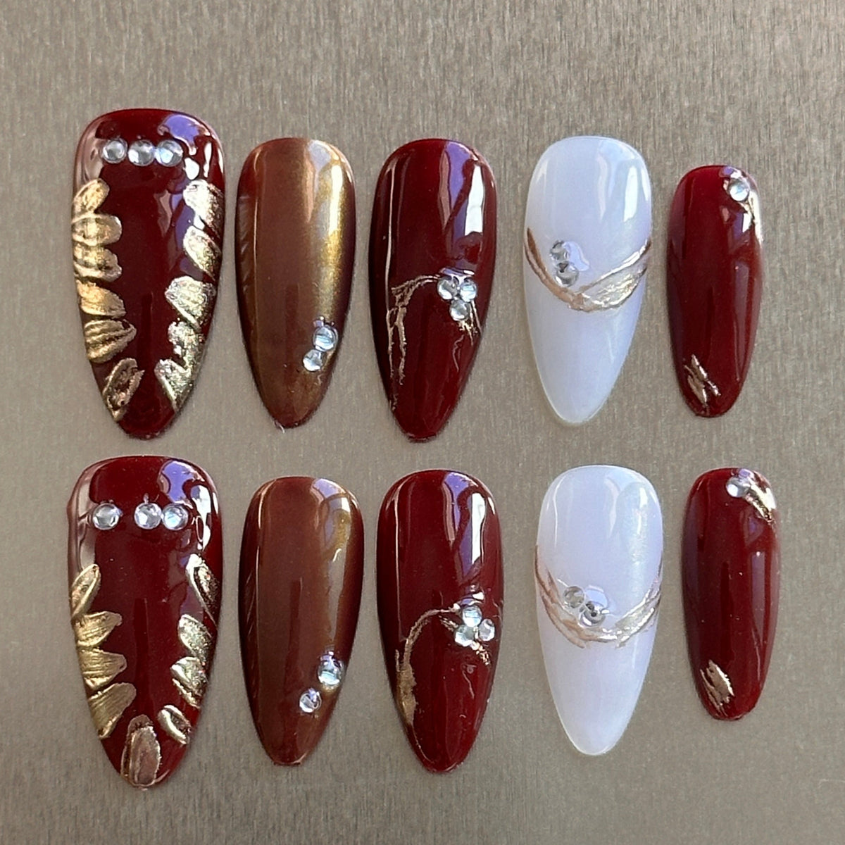 Burgundy Velvet Gold Medium Almond Press-On Nails